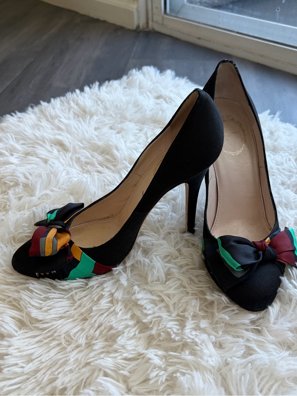 Emilio Pucci Black Peep-Toe Heels With Multicolor Bow Detail